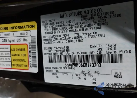 2019 Ford Fusion Se from USA, damaged, VIN 3FA6P0HD6KR173303